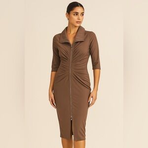 Joseph Ribkoff Ruched Collared Bodycon Midi Dress | Taupe | Size 8